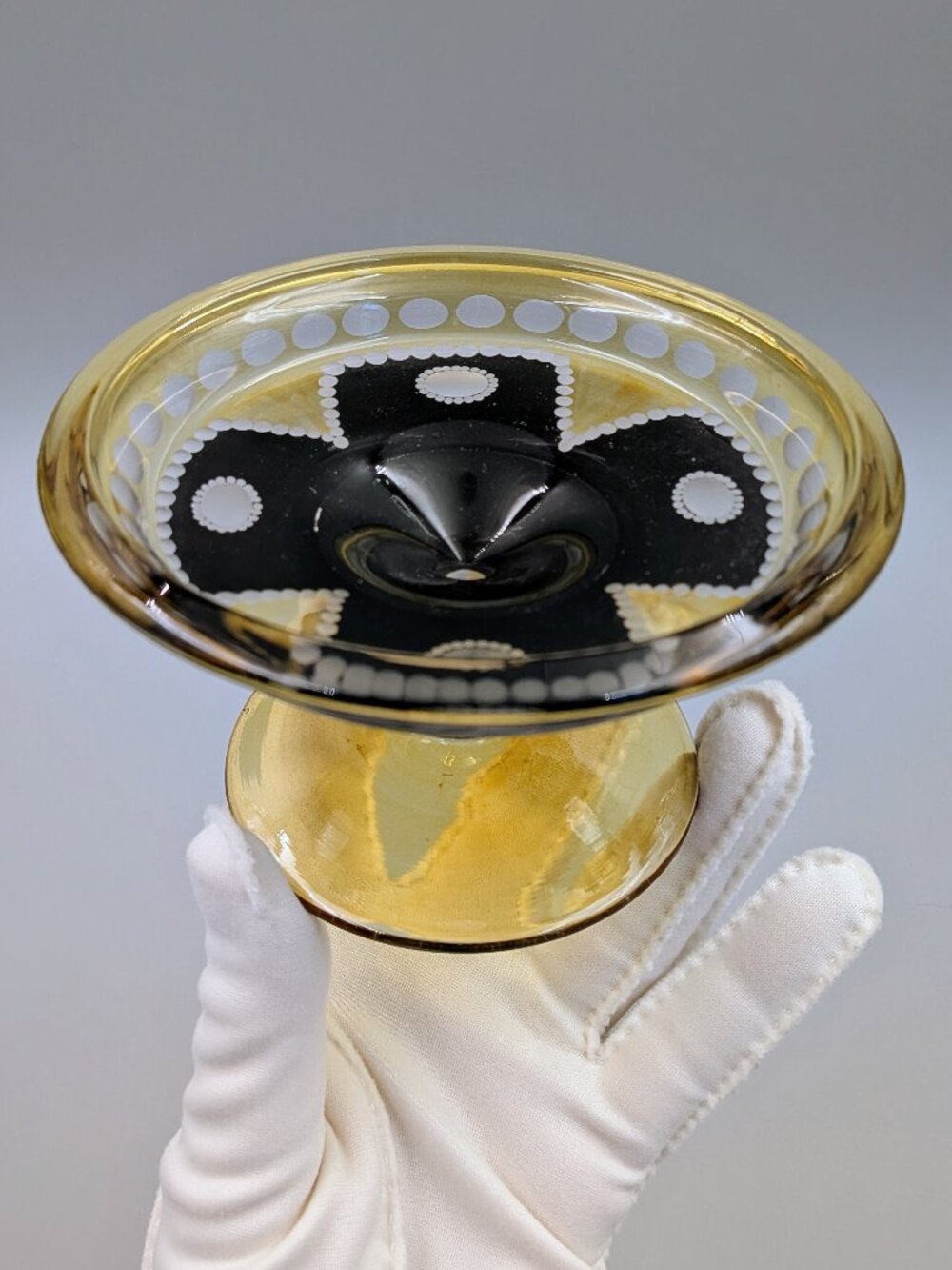 Vintage Art Deco Amber Glass Pedestal Compote – Reverse-Enamel & Wheel-Cut Tazza
